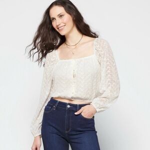 Heatherly Ivory Cropped Blouse Size XXL Embroidered Square Neck Long Sleeve NWT